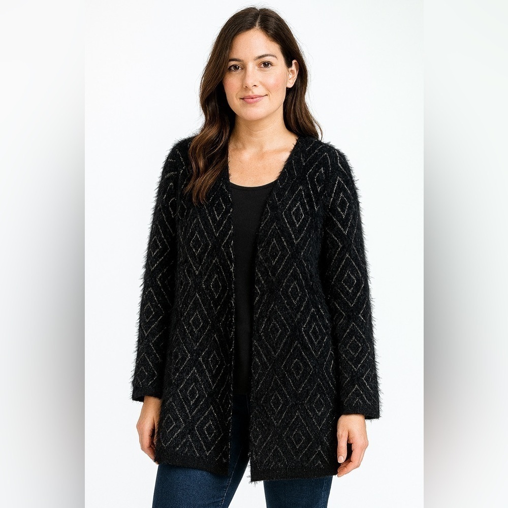 MARGARET OLEARY Sweater S Black Cardigan Chunky Knit Diamond Eyelash Longline